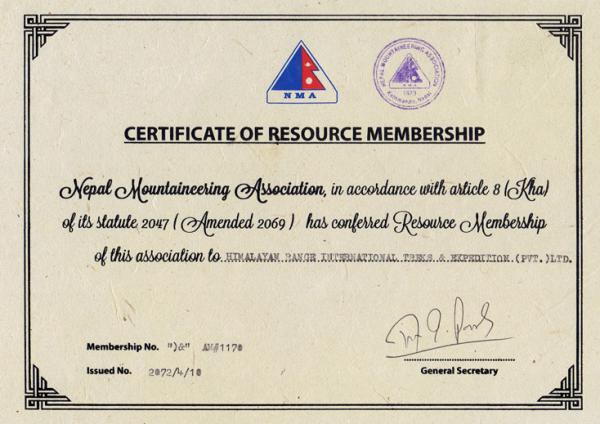 Nepal Mountaineering Association Member (NMA) of Himalayan Range Int'l Treks & Exp.